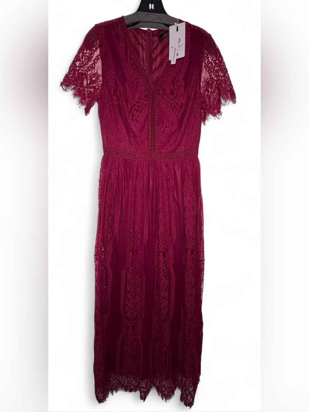 Women's Wine Lace Maxi Dress with Short Sleeves